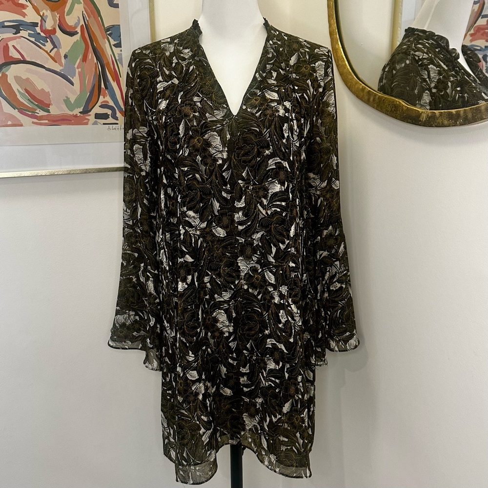 Black Floral Mini Dress with Bell Sleeves - Size XS - Great for All Occasions!